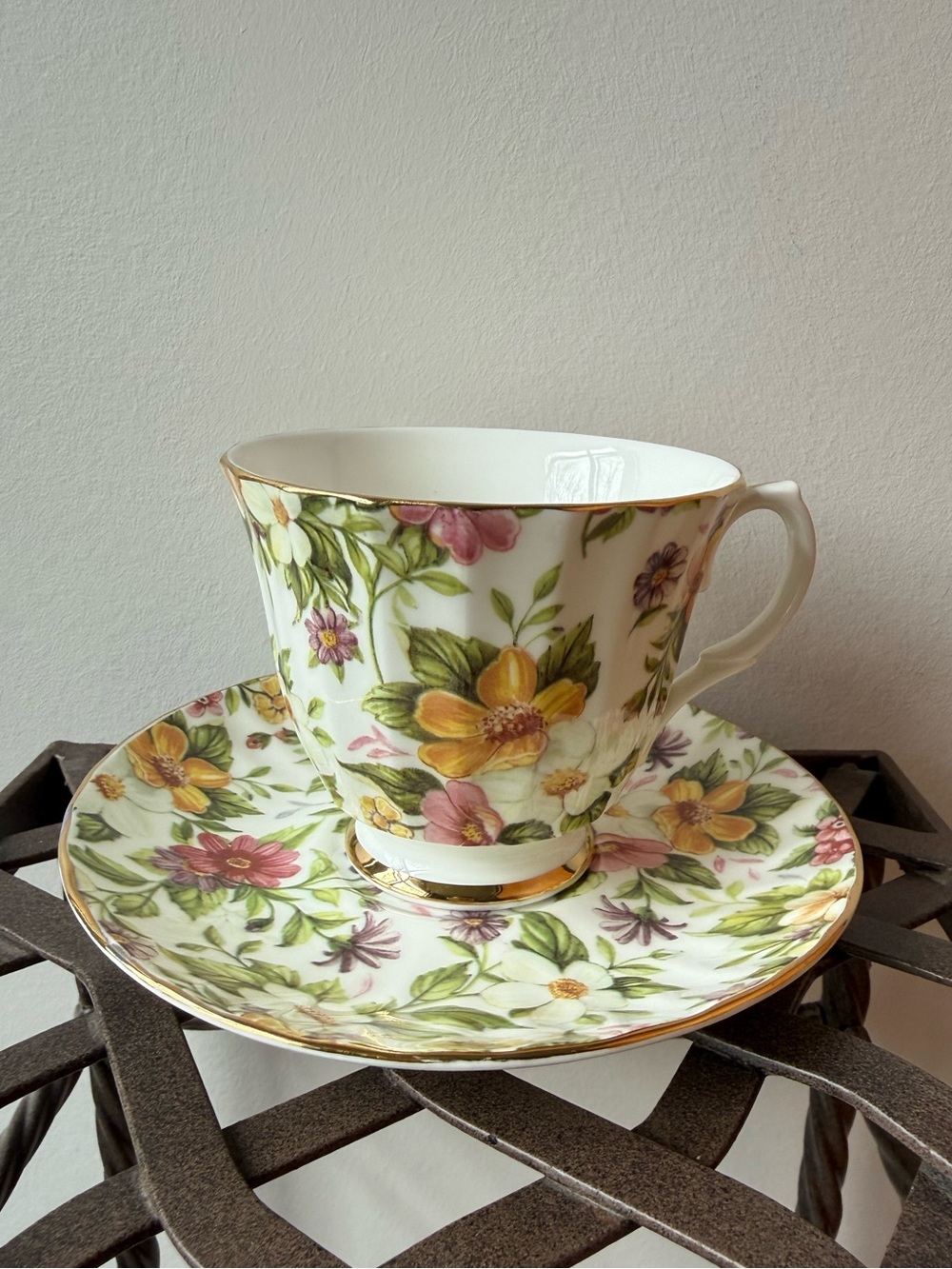 Floral Bone China Tea Cup & Saucer - Yellow and Pink Flowers
